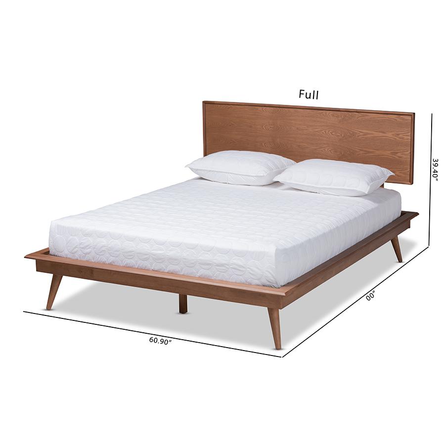 Mid-Century Full Size Platform Bed with Walnut Finish and Rubberwood Frame