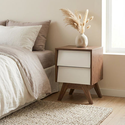 White Mid-Century Modern Nightstand with Walnut Finish and Storage