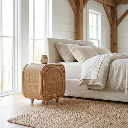 Bohemian Rattan and Mahogany Nightstand with Elegant Finish