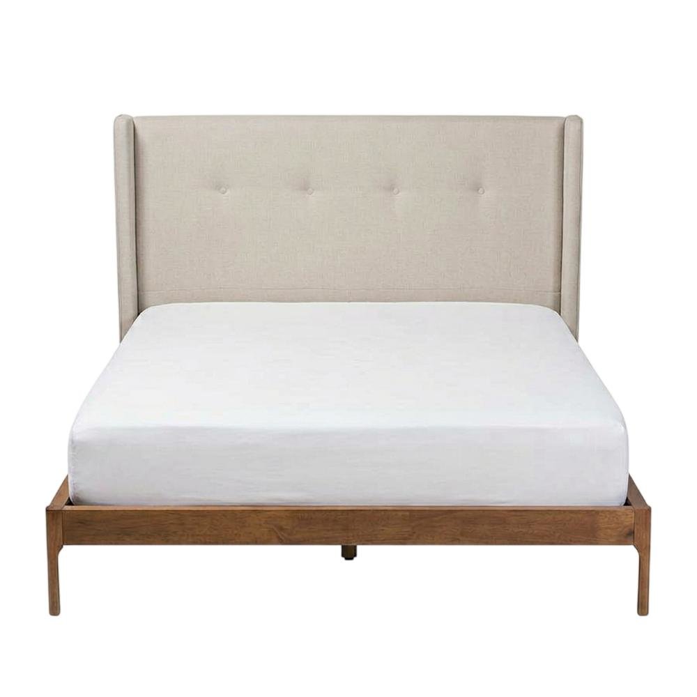 King Size Bed with Walnut Finish and Beige Fabric Upholstery, Mid-Century Style