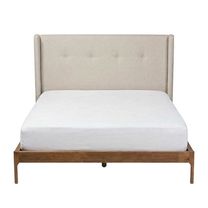 King Size Bed with Walnut Finish and Beige Fabric Upholstery, Mid-Century Style