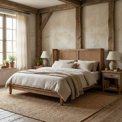 Brown Rubber Wood King Size Headboard with Synthetic Rattan Wrap-Around Design