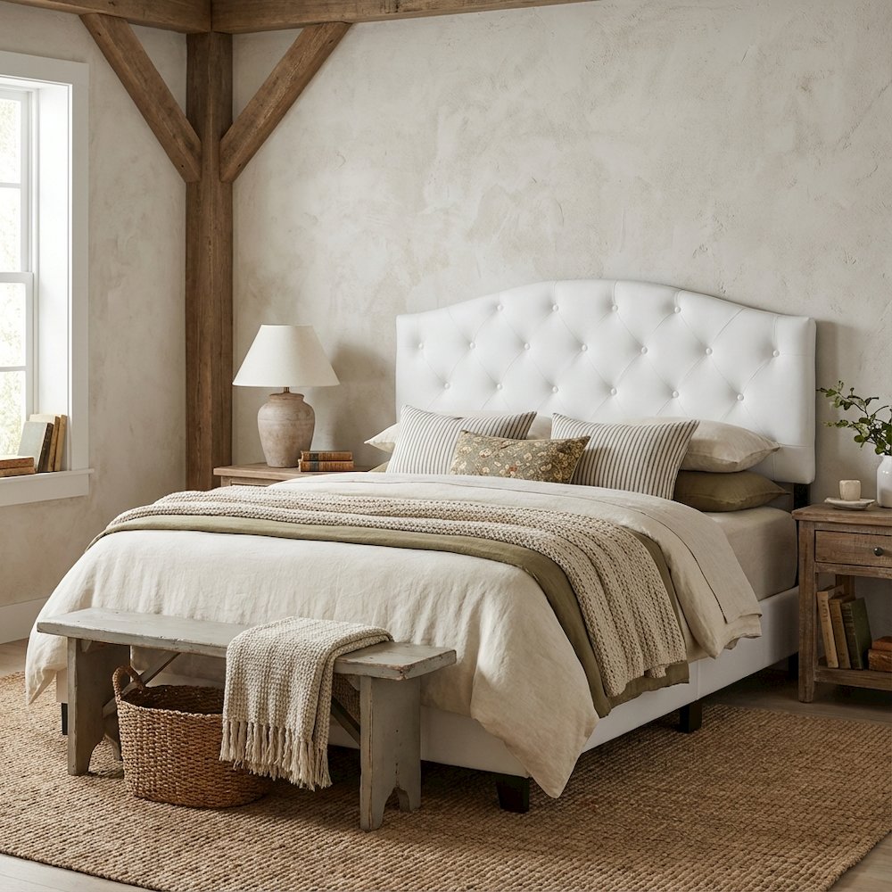 White Faux Leather Queen Headboard, Button-Tufted, Scalloped Design Hardwood