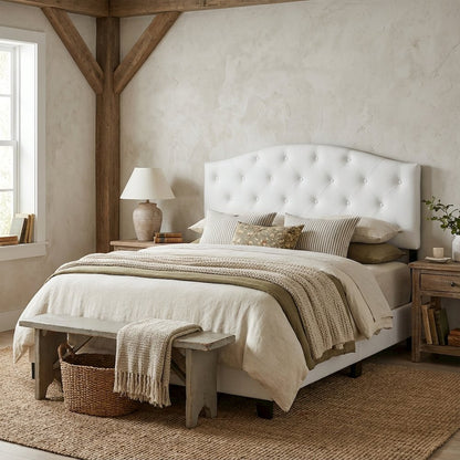 White Faux Leather Queen Headboard, Button-Tufted, Scalloped Design Hardwood