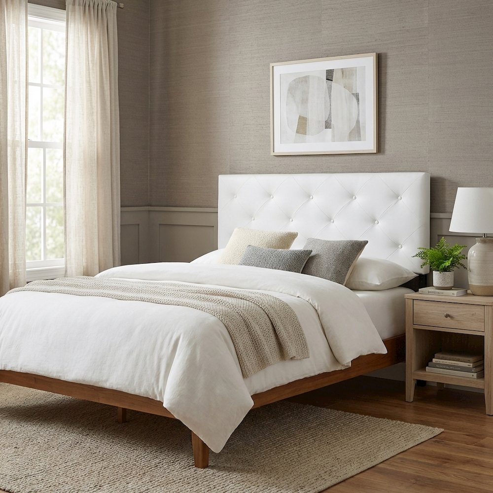 White Faux Leather Full Headboard with Foam Padding and Wood Frame