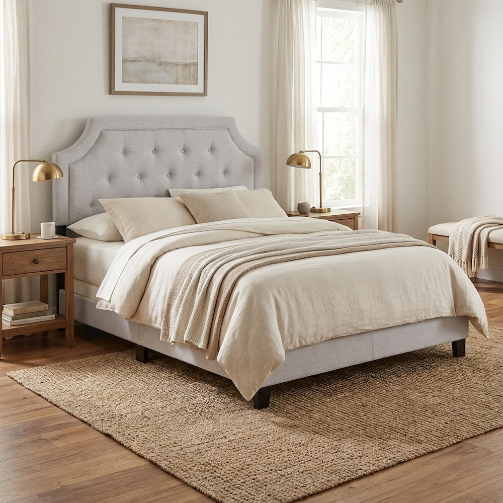 Greyish Beige Fabric King Size Headboard with Foam Padding and Durable LVL Frame