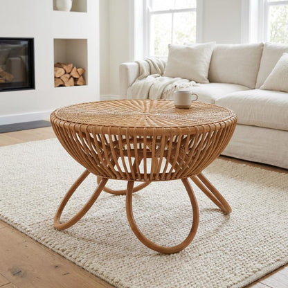 Genuine Rattan Coffee Table with Light Honey Legs and Bohemian Design