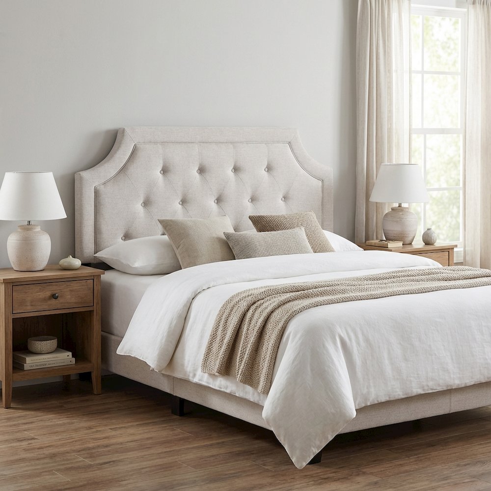 Greyish Beige Fabric Full Size Headboard, Foam Padding, LVL Frame for Bedrooms