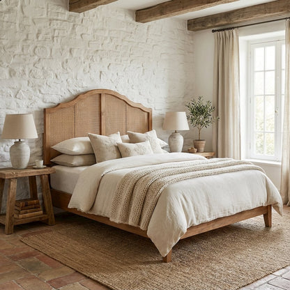 Brown Synthetic Rattan Queen Headboard with Rubberwood Frame and Wood Legs