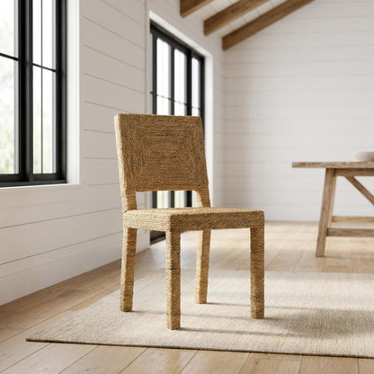 Seagrass and Mahogany Wood Boho Woven Dining Chair for Dining Room, Natural