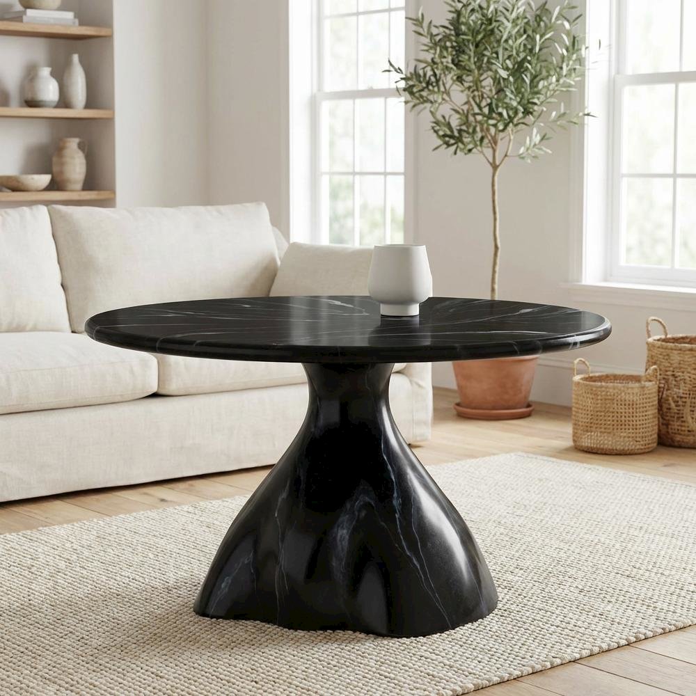 Black Sculptural Coffee Table with Marbled Resin Top and Fiber-Reinforced Legs