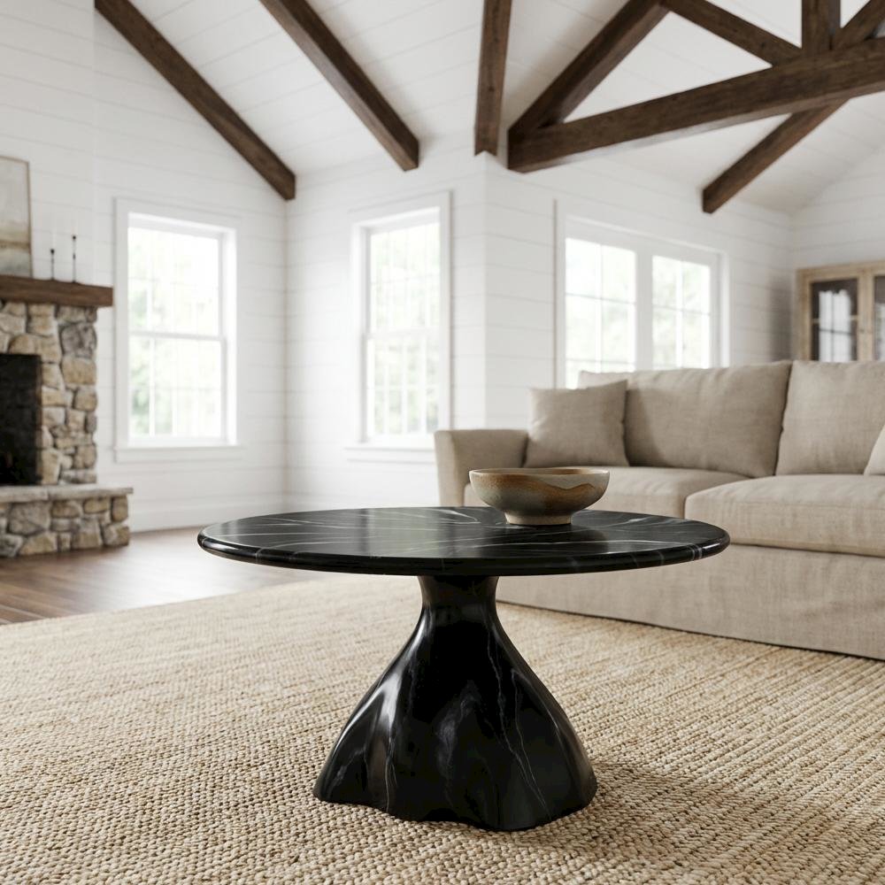 Black Sculptural Coffee Table with Marbled Resin Top and Fiber-Reinforced Legs