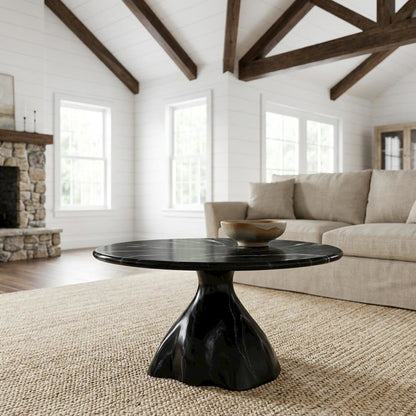 Black Sculptural Coffee Table with Marbled Resin Top and Fiber-Reinforced Legs
