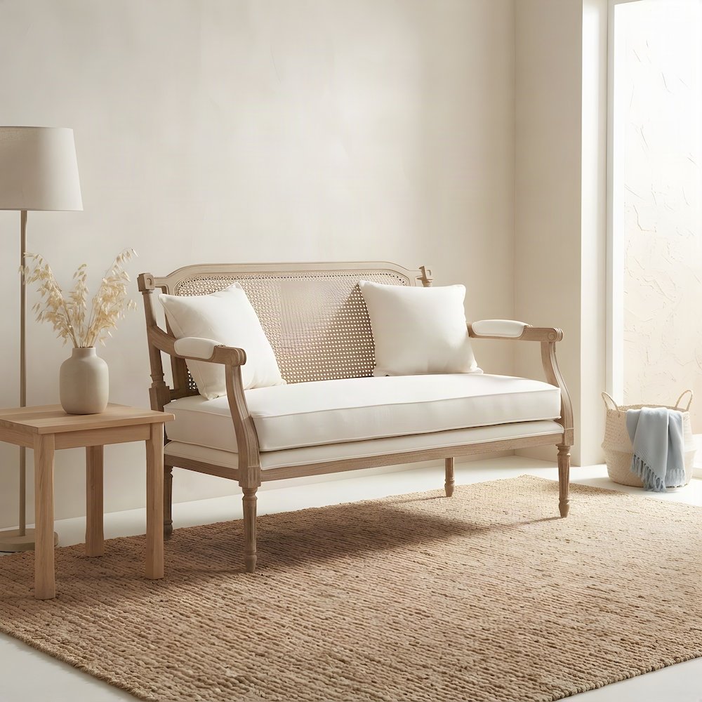 Cotton-Blend Fabric Loveseat, French Provincial Mahogany Legs, Ivory/Oak
