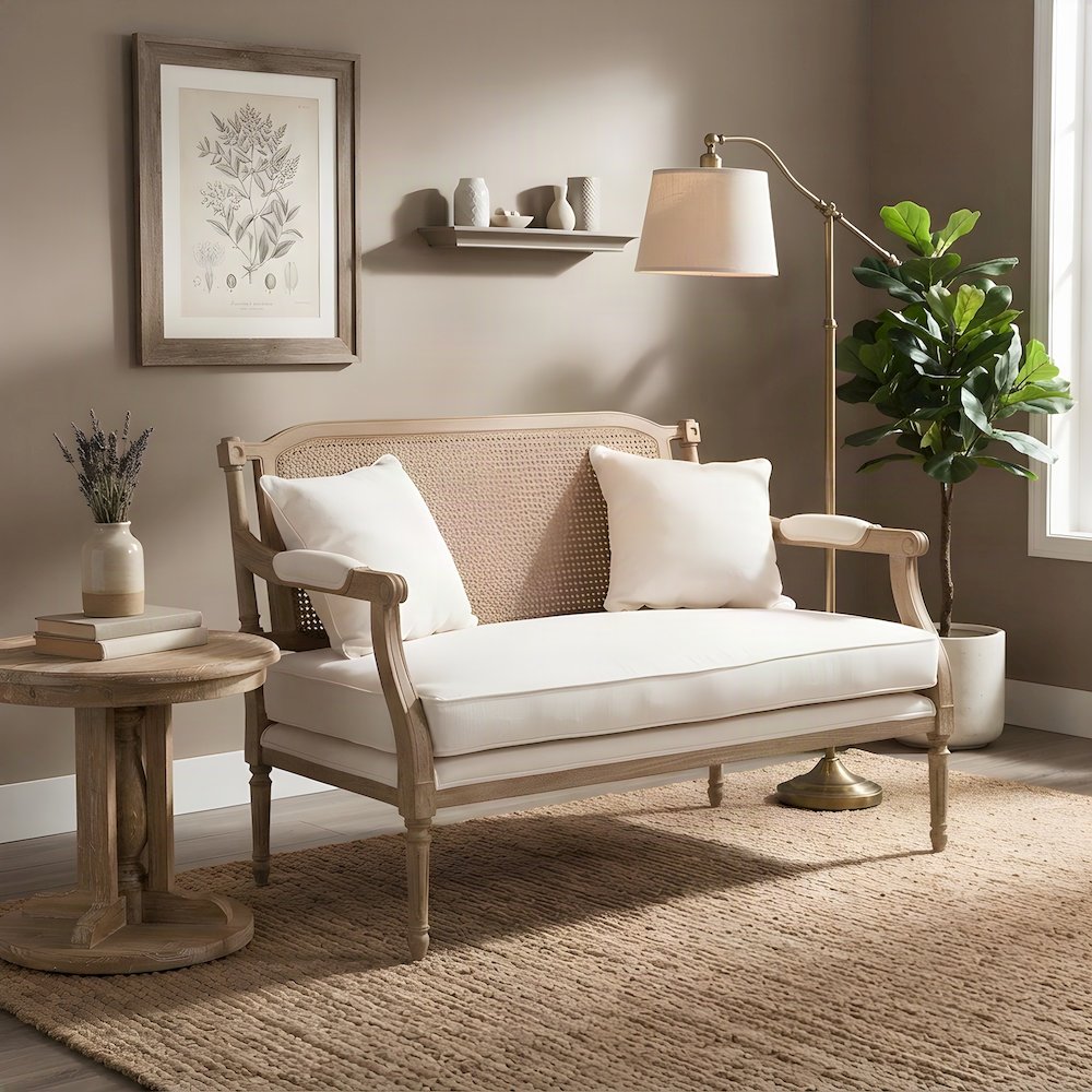 Cotton-Blend Fabric Loveseat, French Provincial Mahogany Legs, Ivory/Oak