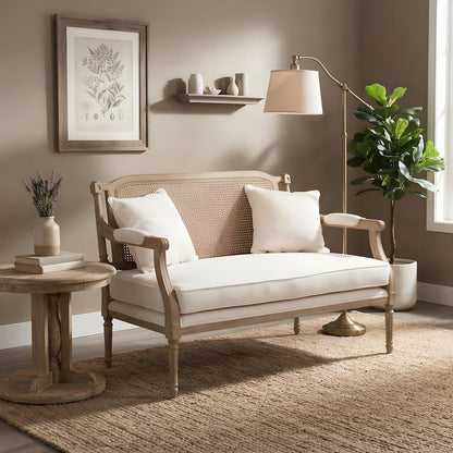 Cotton-Blend Fabric Loveseat, French Provincial Mahogany Legs, Ivory/Oak