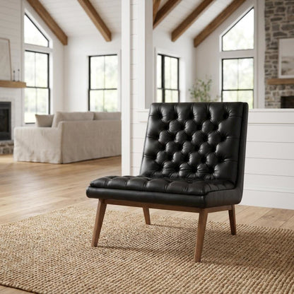 Faux Leather Mid-Century Modern Accent Lounge Chair with Walnut Wood Legs, Black