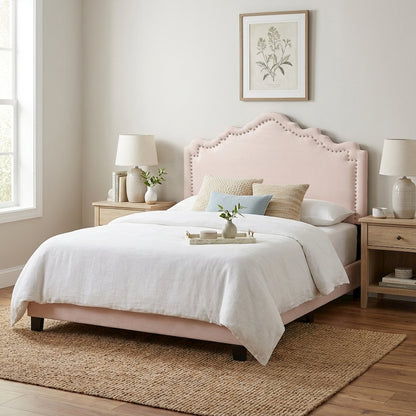 Light Pink Velvet Twin Size Headboard with Foam Padding and Metal Legs