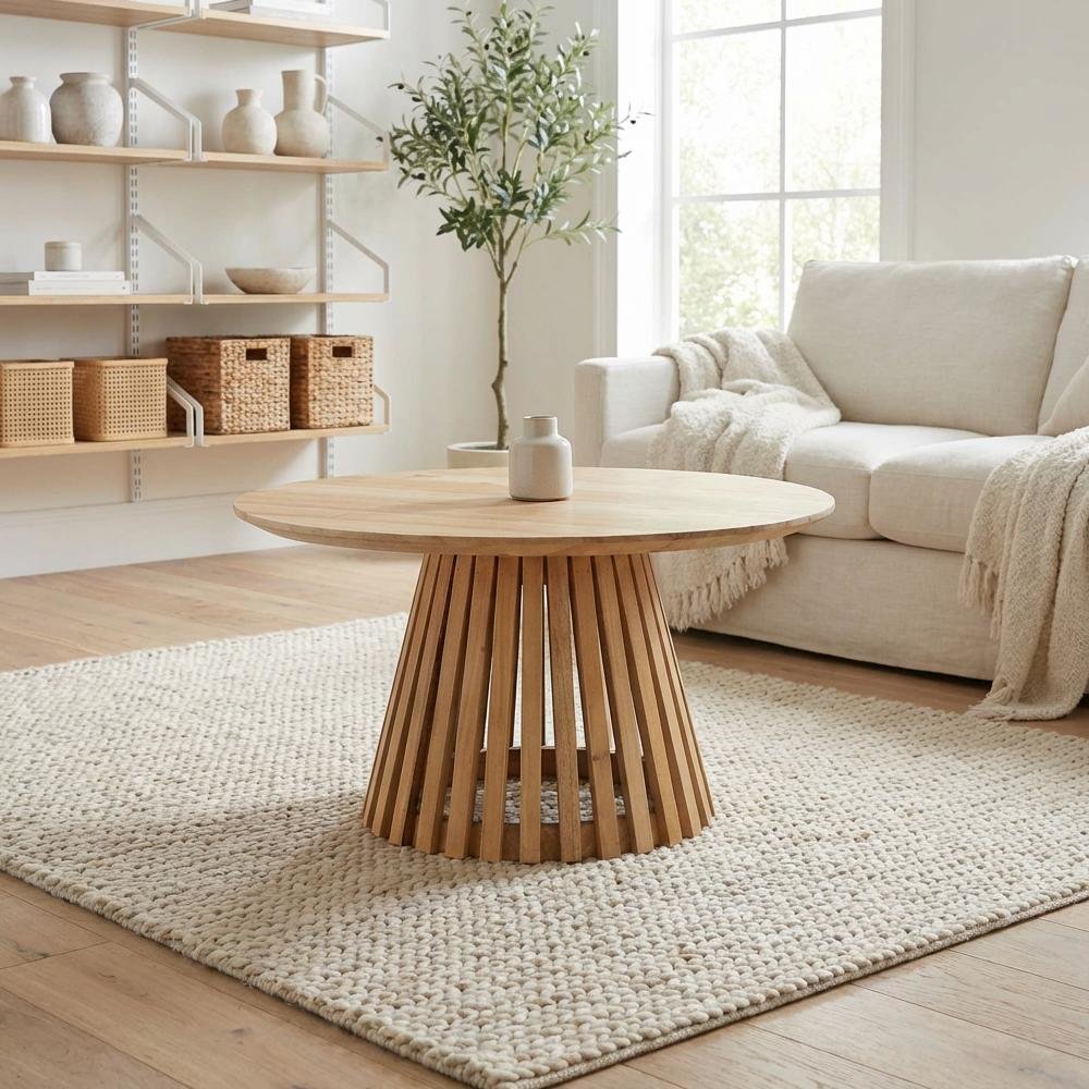 Warm Brown Acacia Wood Coffee Table with Modern Slatted Design and Durable Legs