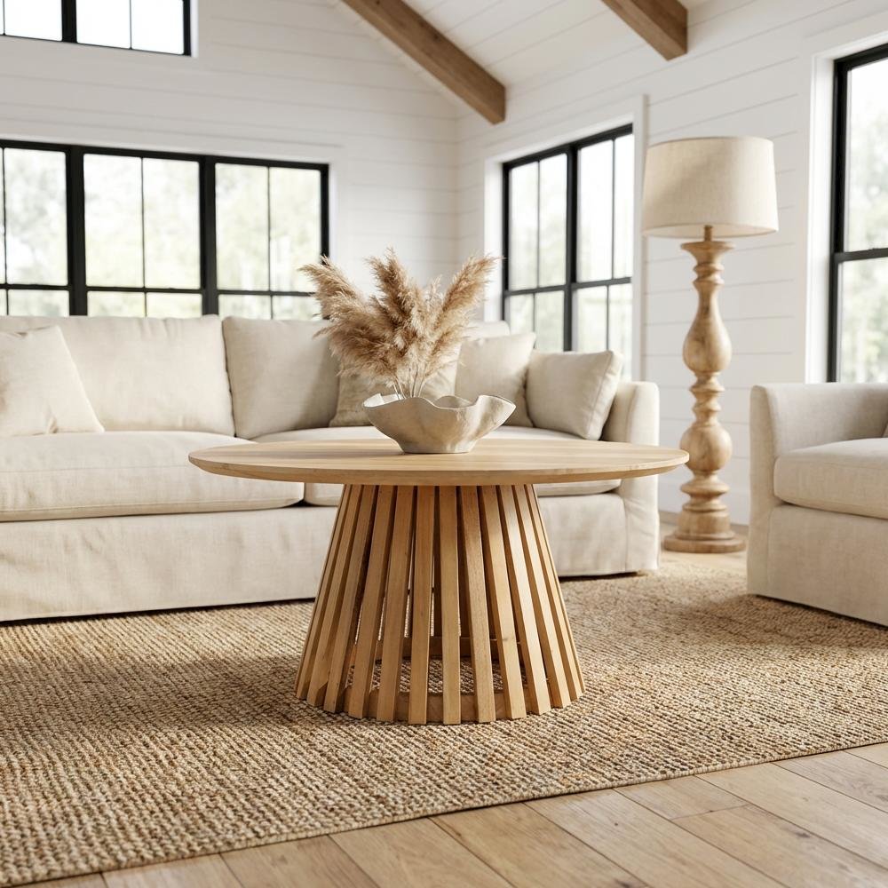 Warm Brown Acacia Wood Coffee Table with Modern Slatted Design and Durable Legs