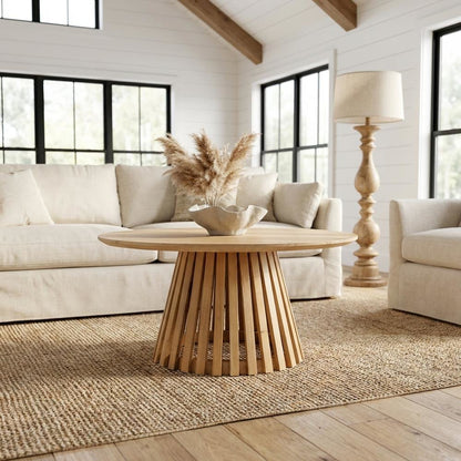 Warm Brown Acacia Wood Coffee Table with Modern Slatted Design and Durable Legs