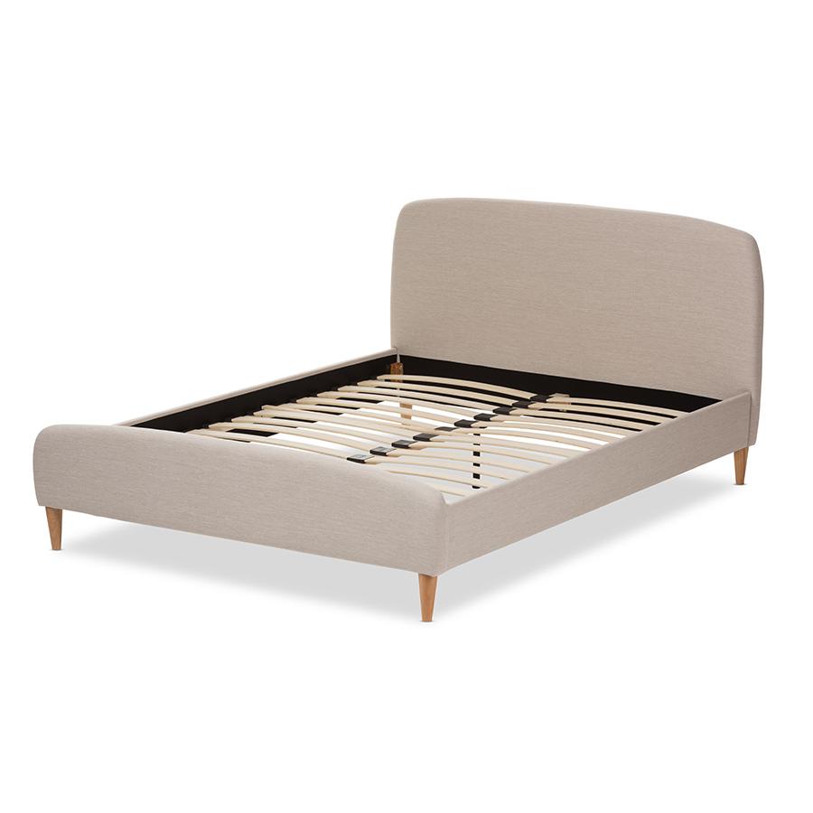 Light Beige Fabric Upholstered Queen Platform Bed with Mid-Century Style