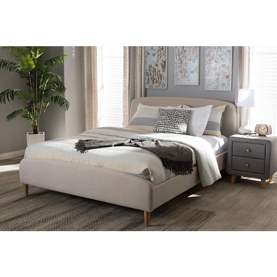 Light Beige Fabric Upholstered Queen Platform Bed with Mid-Century Style