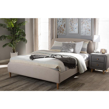 Light Beige Fabric Upholstered Queen Platform Bed with Mid-Century Style