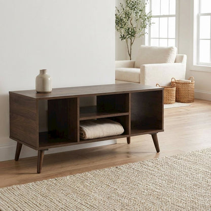 Walnut Brown Modern Coffee Table with Rubberwood Legs and Durable Particle Board
