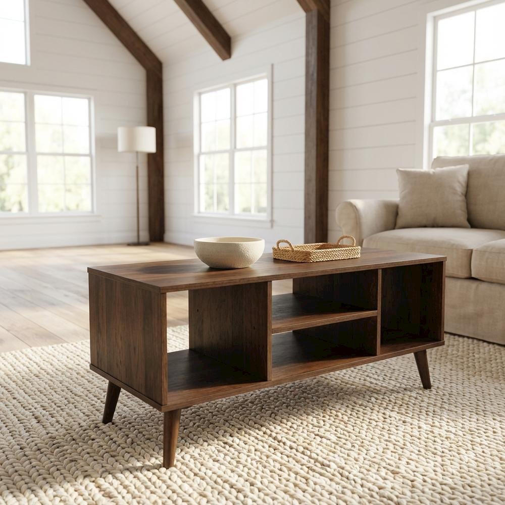 Walnut Brown Modern Coffee Table with Rubberwood Legs and Durable Particle Board