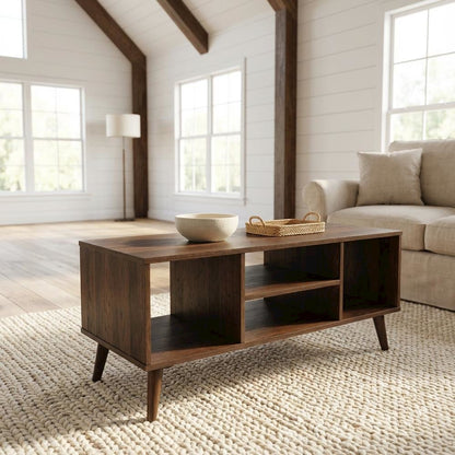 Walnut Brown Modern Coffee Table with Rubberwood Legs and Durable Particle Board