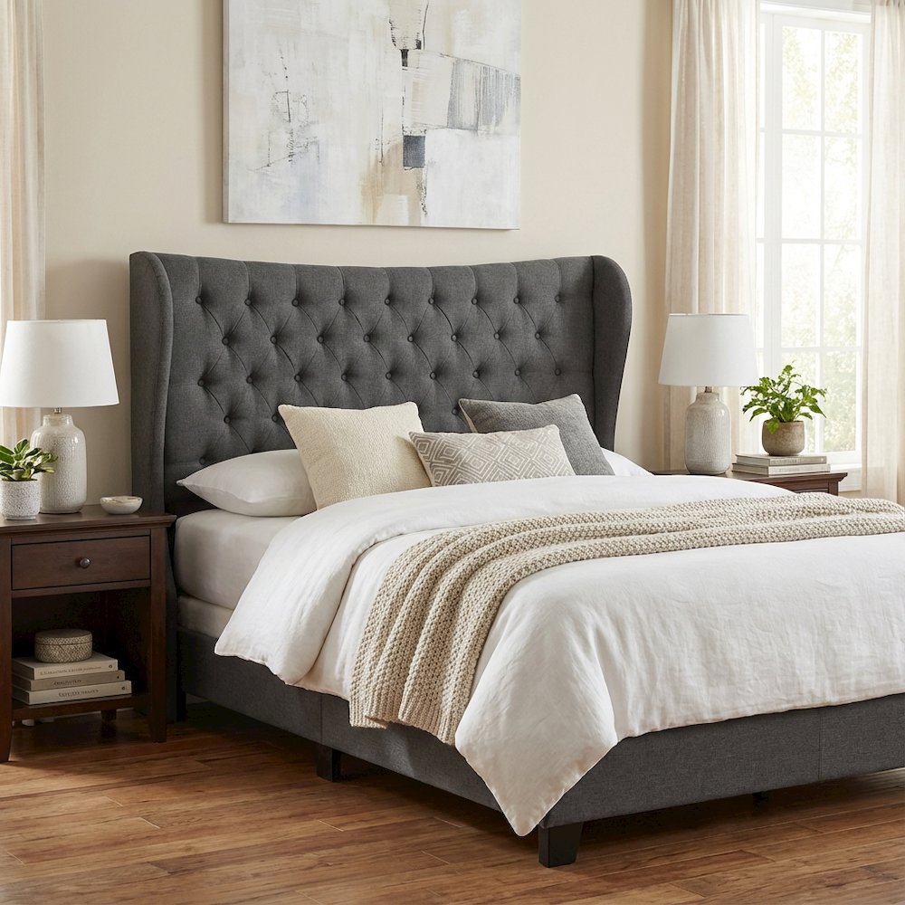 Dark Grey Fabric Queen Wingback Headboard, Button-Tufted Design, Foam Padding