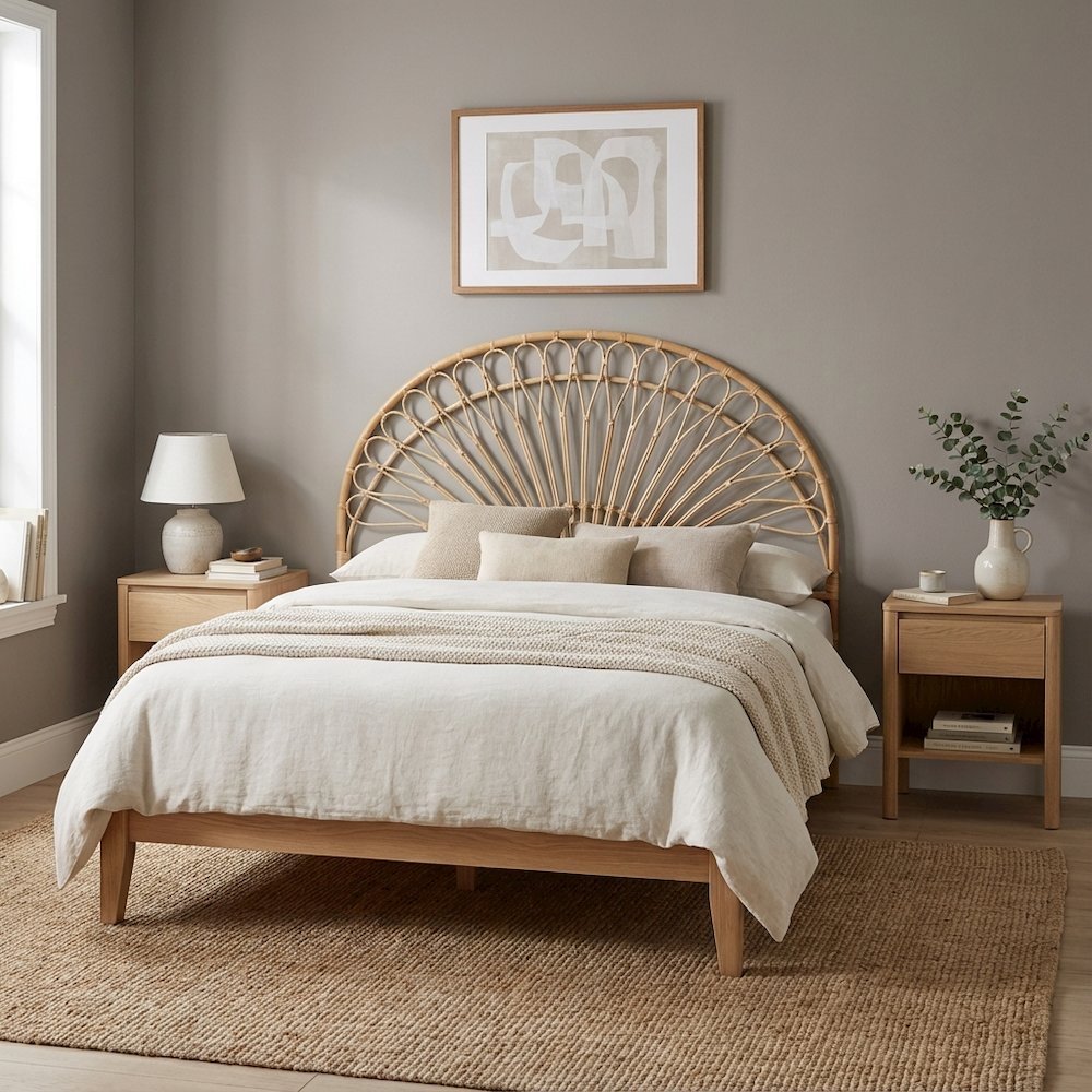 Brown Authentic Rattan King Size Headboard with Bohemian Style and Durable Frame