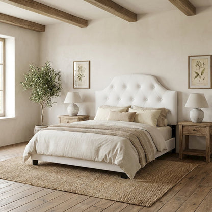 White Faux Leather Twin Headboard with Button-Tufted Detail and Scalloped Design