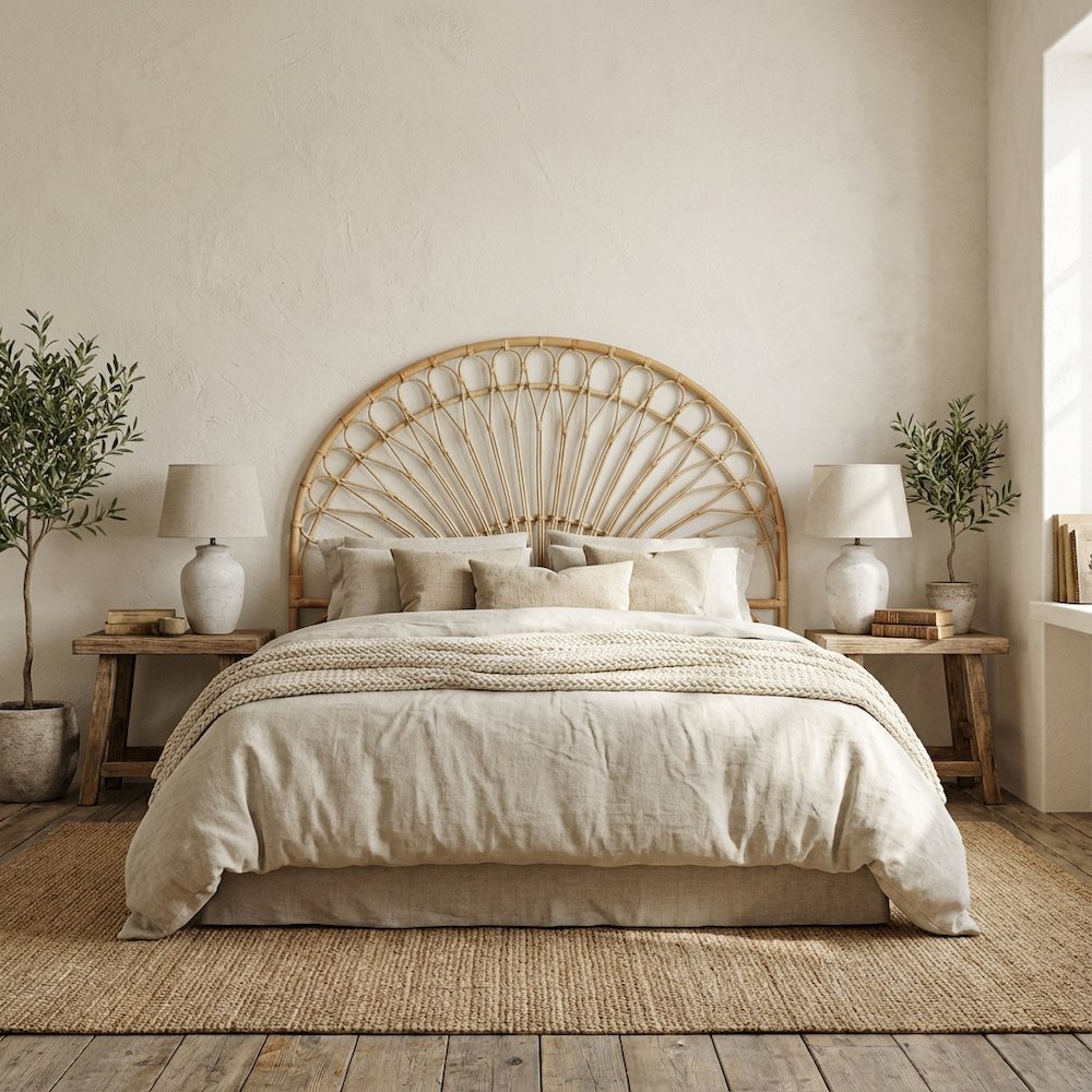 Brown Authentic Rattan King Size Headboard with Bohemian Style and Durable Frame