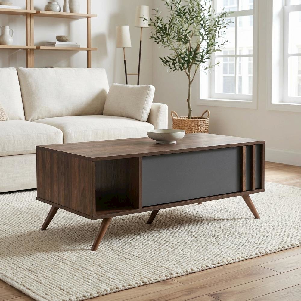 Two-Tone Grey and Walnut Coffee Table with 1 Drawer Modern Design
