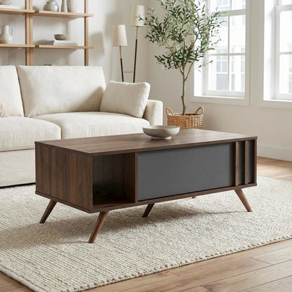 Two-Tone Grey and Walnut Coffee Table with 1 Drawer Modern Design