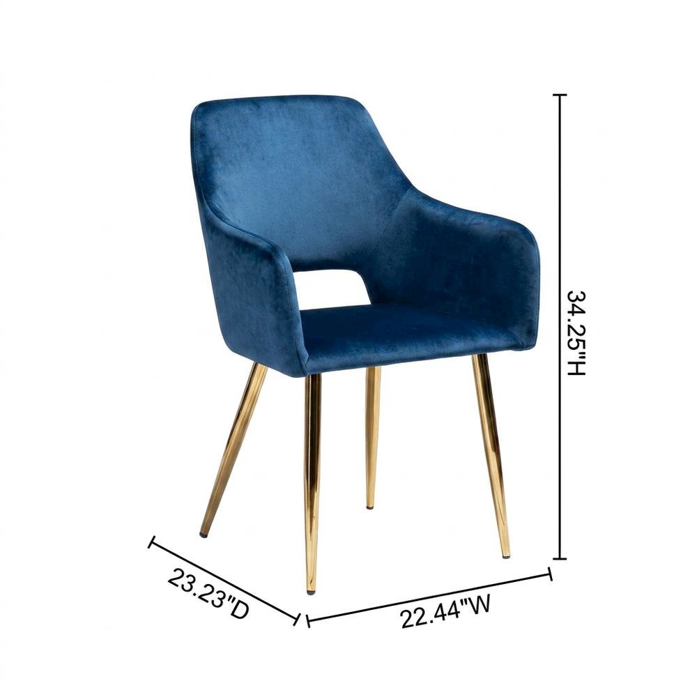 Polyester Upholstered Metal Dining Chairs, Navy Blue/Gold, Set of 2