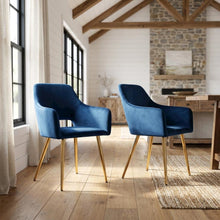 Polyester Upholstered Metal Dining Chairs, Navy Blue/Gold, Set of 2