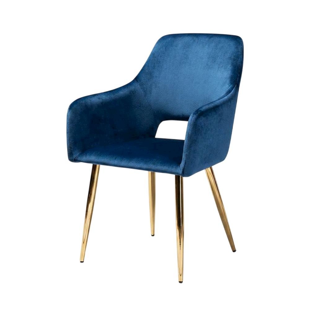 Polyester Upholstered Metal Dining Chairs, Navy Blue/Gold, Set of 2
