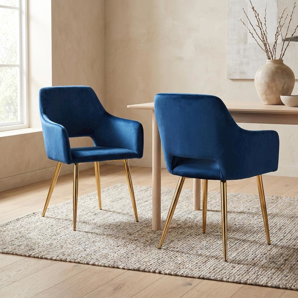 Polyester Upholstered Metal Dining Chairs, Navy Blue/Gold, Set of 2