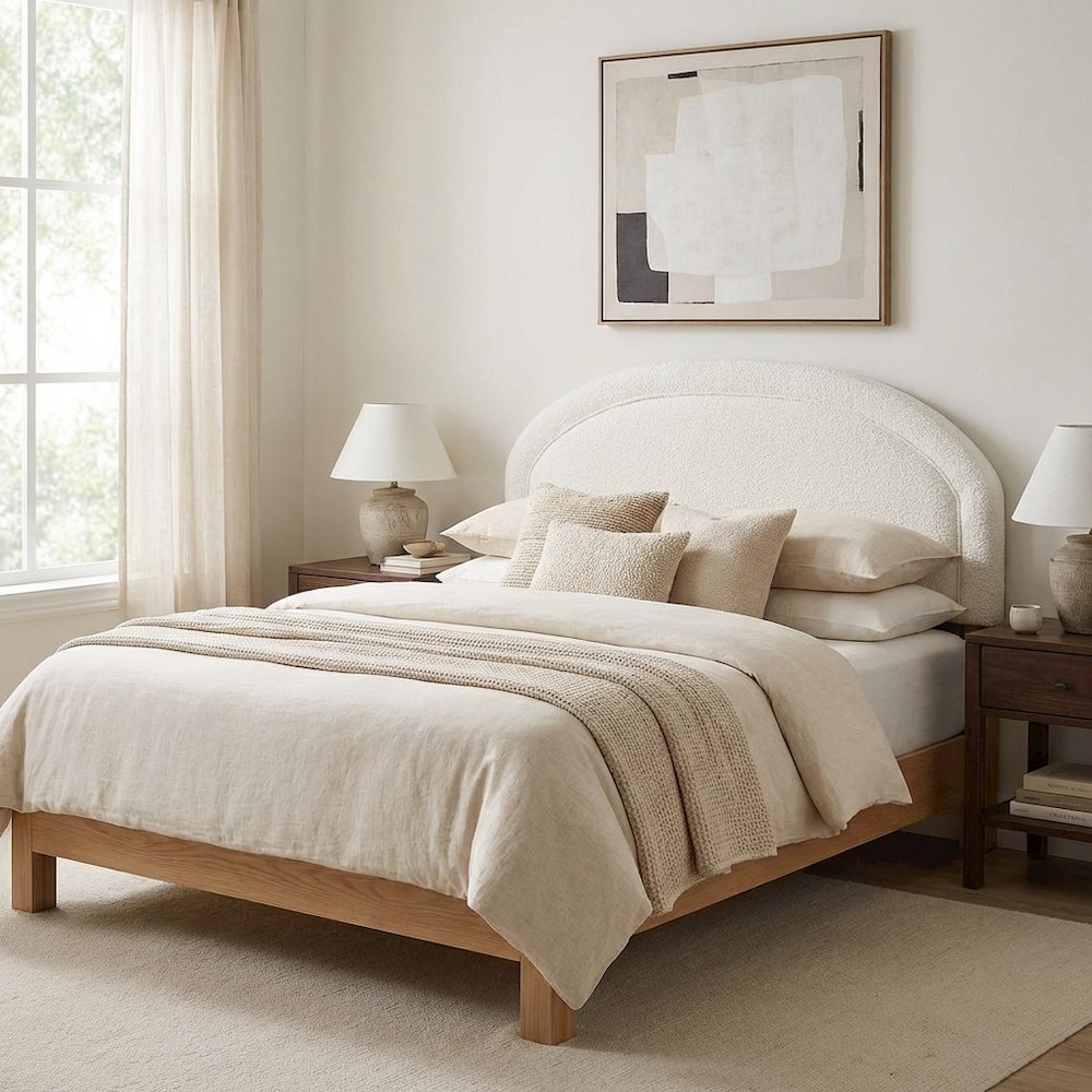 Cream Boucle Fabric Queen Headboard with Foam Padding and Plywood Frame