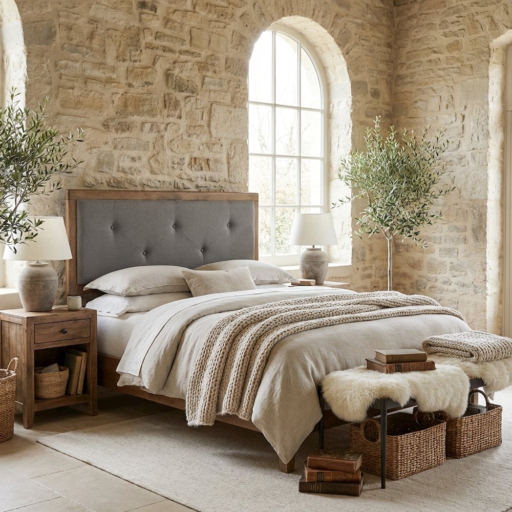 Walnut Brown Queen Headboard with Button Tufted Foam and Rubberwood Frame