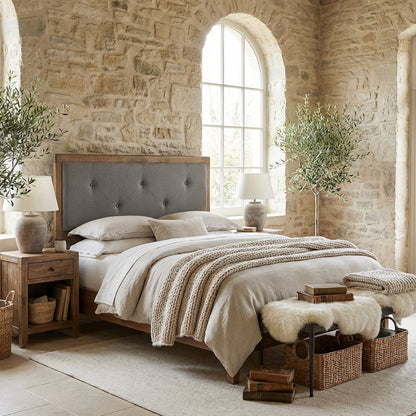 Walnut Brown Queen Headboard with Button Tufted Foam and Rubberwood Frame