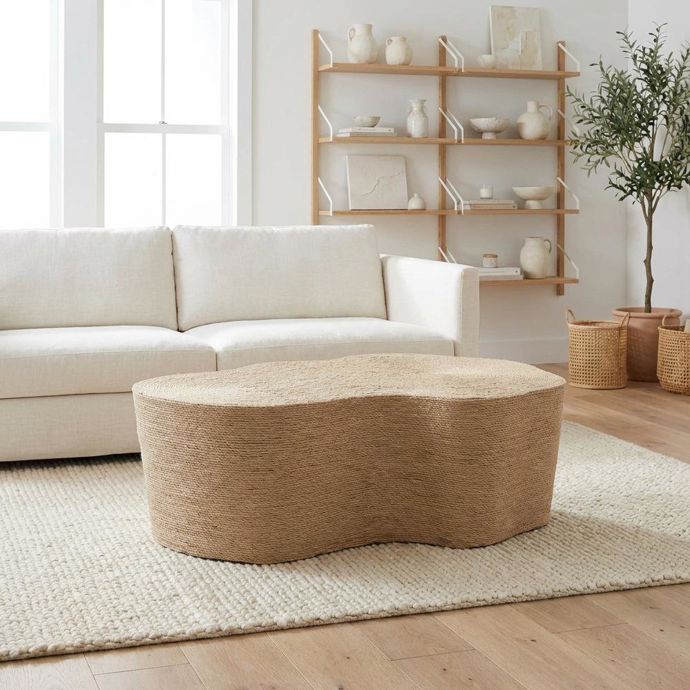 Earthy Brown Jute Coffee Table with Handwoven Textured Surface and MDF Frame