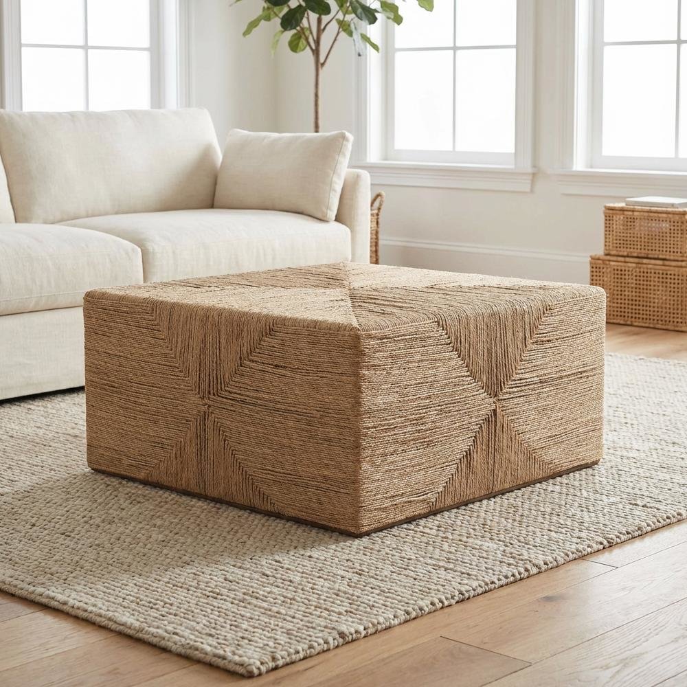 Neutral Brown Jute Coffee Table with Seagrass Surface and MDF Base, Single Piece