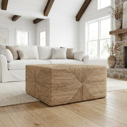 Neutral Brown Jute Coffee Table with Seagrass Surface and MDF Base, Single Piece