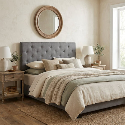 Grey Fabric Upholstered Headboard with Button-Tufted Design and Hardwood Frame