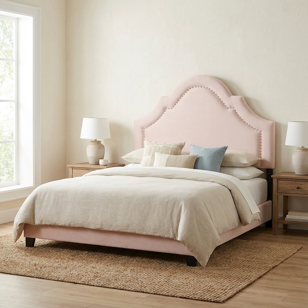 Light Pink Velvet Fabric Twin Headboard with Foam Padding and Metal Legs