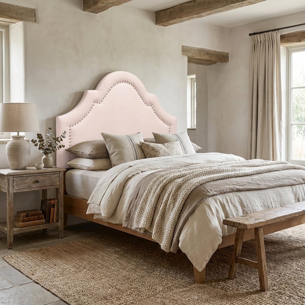 Light Pink Velvet Fabric Twin Headboard with Foam Padding and Metal Legs